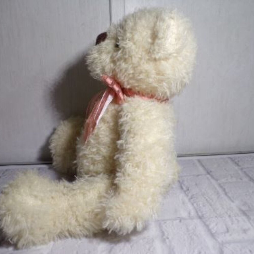2020 FAO Schwarz Plush Teddy Bear 10" Curly Cream Peach Bow Stuffed Animal - Picture 4 of 6